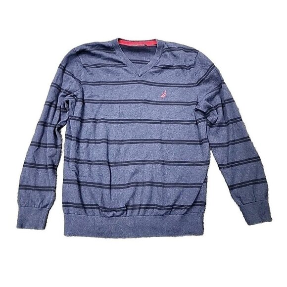 Nautica Sweater Blue Striped Cotton Long Sleeve Vneck Pullover Men's Large - Picture 1 of 4
